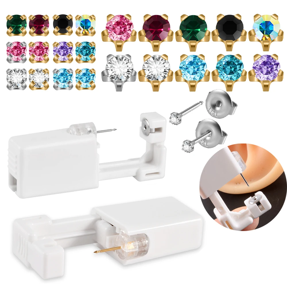 1-2PCS Disposable Ear Piercing Gun Kit With Claw Rhinstones Earring Tool Machine Sterile Body Jewelry 24K Gold Plated Ear Stud