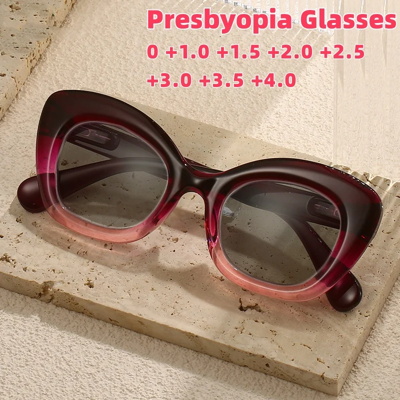 

New Fashionable Cat Eye Presbyopia Sunglasses Women's Retro Large Frame Outdoor Travel UV Resistant Glasses Diopter To +4.0