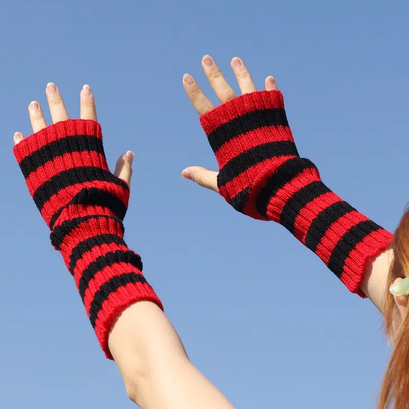 Mangas de brazo sin dedos tejidas para mujer, calentadores de brazo largos de invierno a rayas de estilo gótico, guantes de muñeca de moda Harajuku Y2K para niñas
