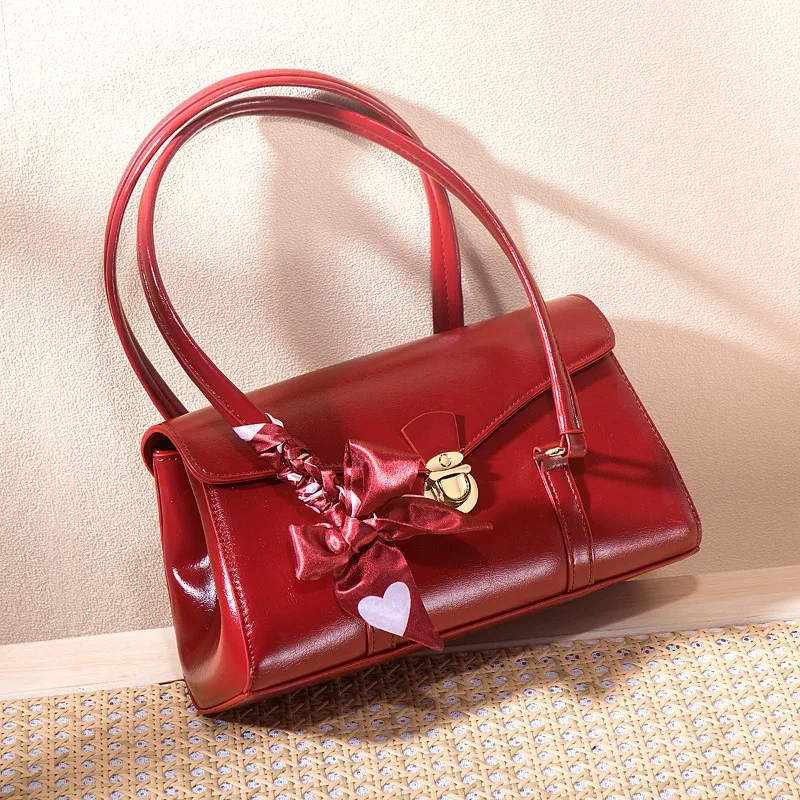 Women Vintage Glossy Faux Leather Handbag Wedding Bride Bag Metal Lock Silk Scarf Bow Decor Top Handle Shoulder Purse