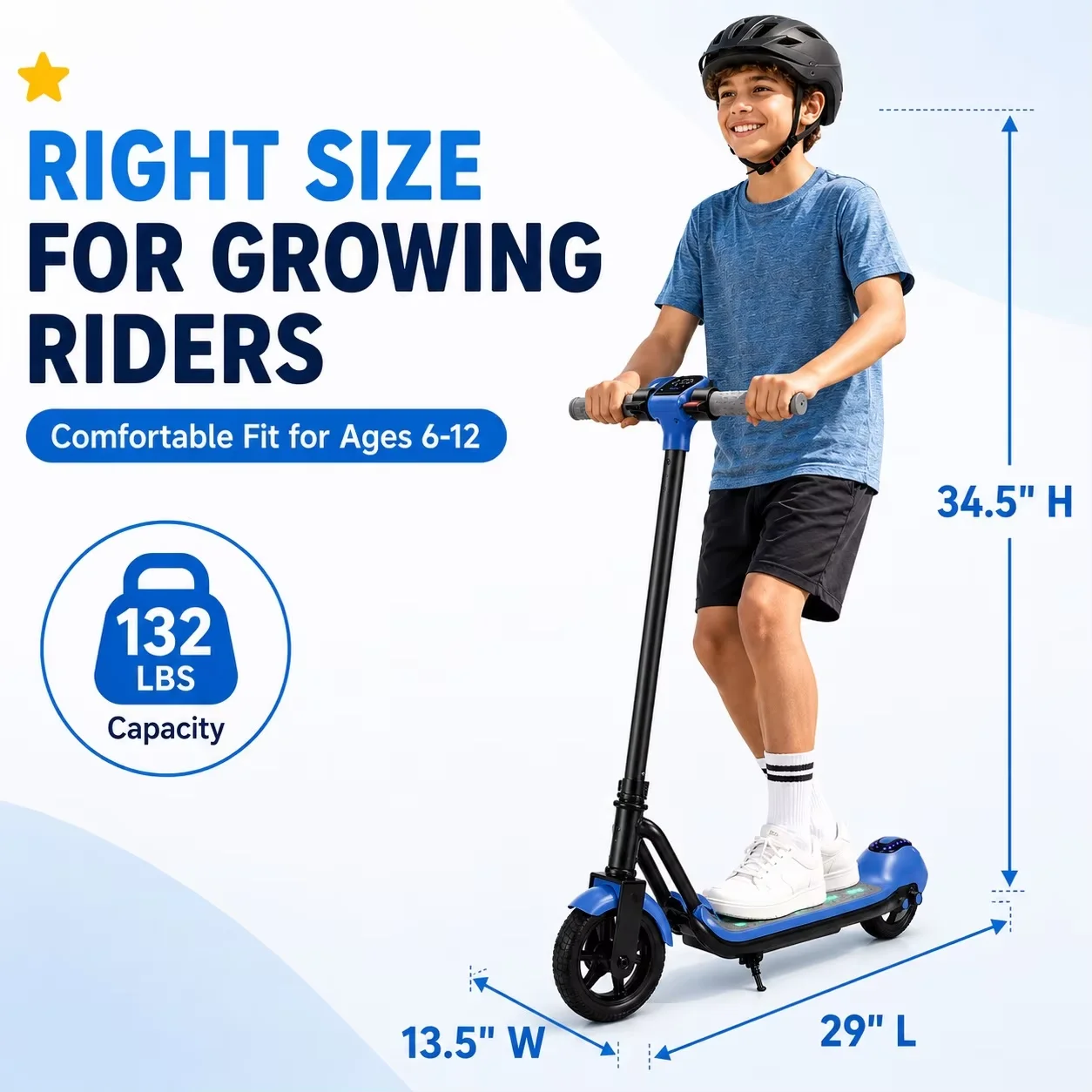Kids Electric Scooter with Bluetooth Music, Colorful LED Lights, 3 Speed Modes, Foldable Electric Kick Scooter for Boys & Girls Ages 6-12, 24V Battery Powered Scooter, Up to 9 MPH Speed, 5 Miles Range, 132 LBS Max Load, Lightweight Portable Design,