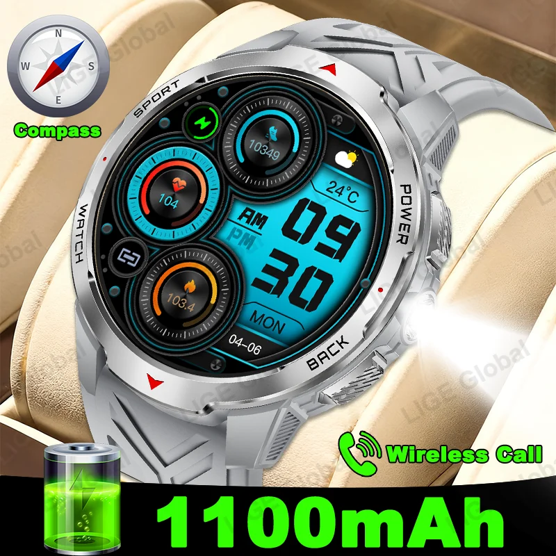 

LIGE 1100mAh Super Capacity Battery Smart Watch Men Compass Flashlight 1.7" HD Bluetooth Call 3ATM Sport Military Smartwatch NEW