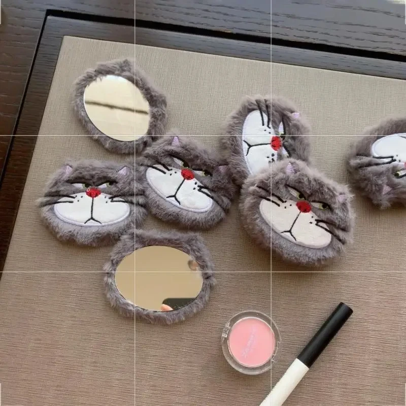 Creative Cute Cartoon Lucifer Cat Portable Plush Makeup Mirror Flip Cover Two Sided Makeup Mirror Round Mirror Christmas Present