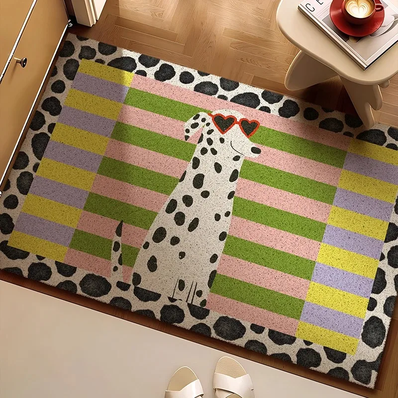 Colorful Striped Cartoon Dalmatian Doormat Cuttable PVC Loop Anti‑Slip Wear‑Resistant Front Entrance Floor Mat Home Decoration