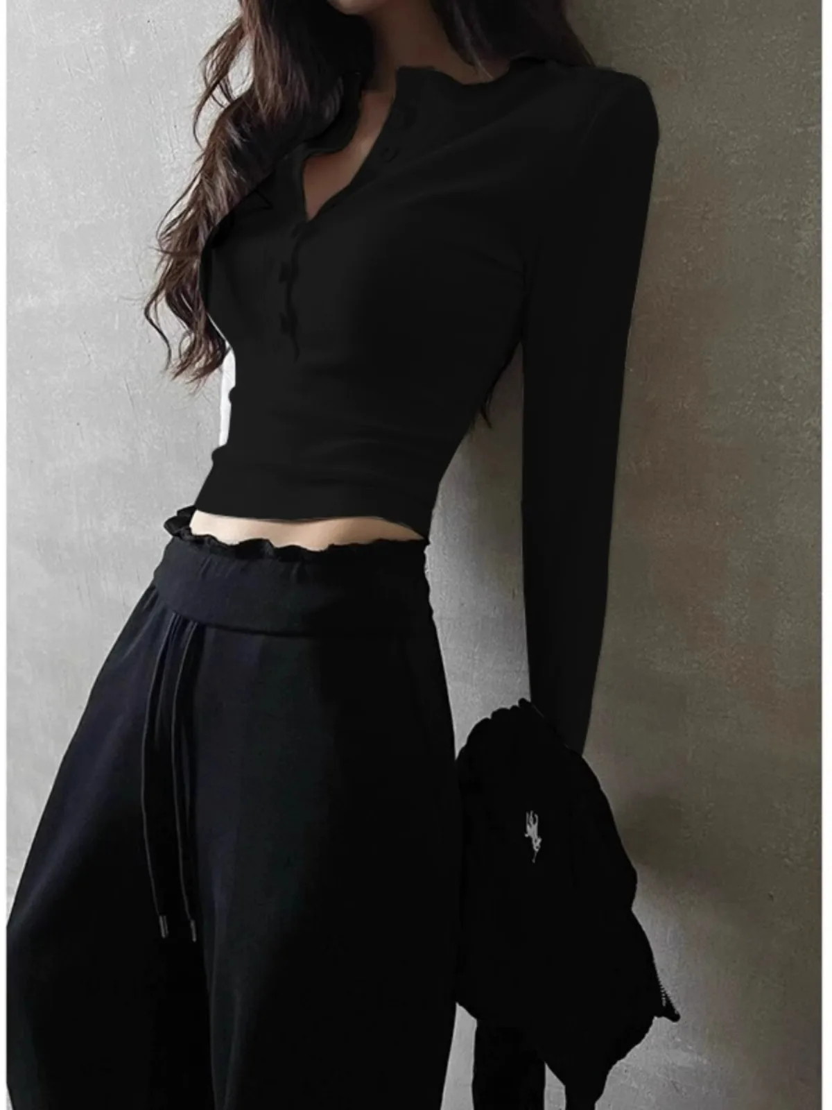 American Style Long Sleeve T-Shirt Women's Autumn Winter Inner Wear Base Shirt Waist Cinching Design Unique Top Commute Style