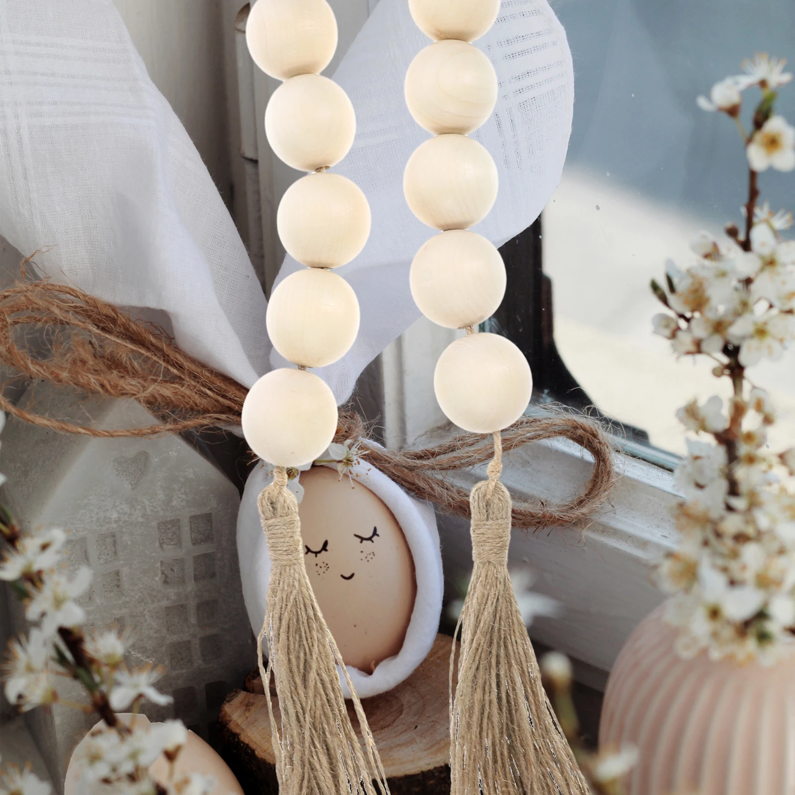 

Wood Bead With Tassels Rustic Home Decor Wall Hanging nament Farmhouse Tray Decor Easter Decoration Wooden Beads String