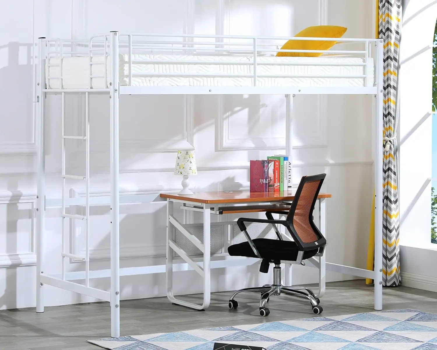 Metal Loft Bed with Stairs and Flat Rung, Junior Bed Full Size High Loft Bed /Teens/Adults, No Box Spring, Customized
