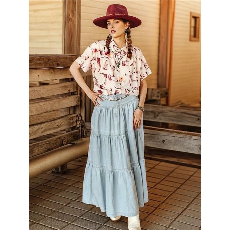 【Decoration de fête】 Jupes longues en jean pour femmes, jupes longues à plusieurs niveaux et boutonnées, taille haute