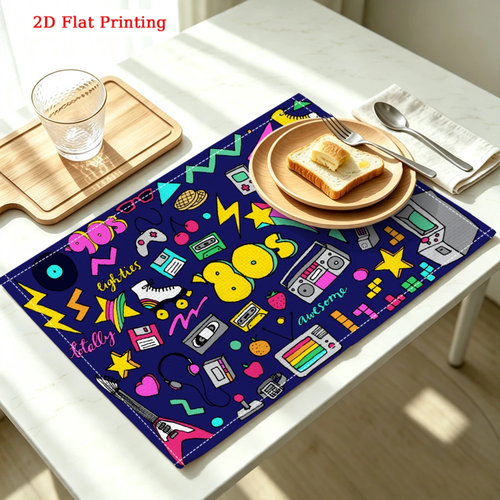 2Pcs Retro 80S Placemat Blue Vintage Cassette Tape Game Controller Table Mat Kitchen Dining Decor Protection 30X40Cm