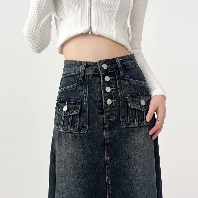 High-waisted Cargo Denim Skirt Women\'s Autumn Long A-line Mid-length Skirt  Retro Raw Edge Y2k Female Clothing Korean Style