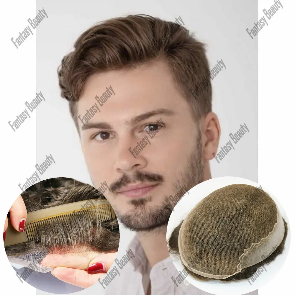 Peluca de cabello humano con línea de cabello Invisible para hombres, tupé rubio ceniza, encaje suizo, Base de PU, unidad de sistema de reemplazo de cabello, 8x10 ", Q6