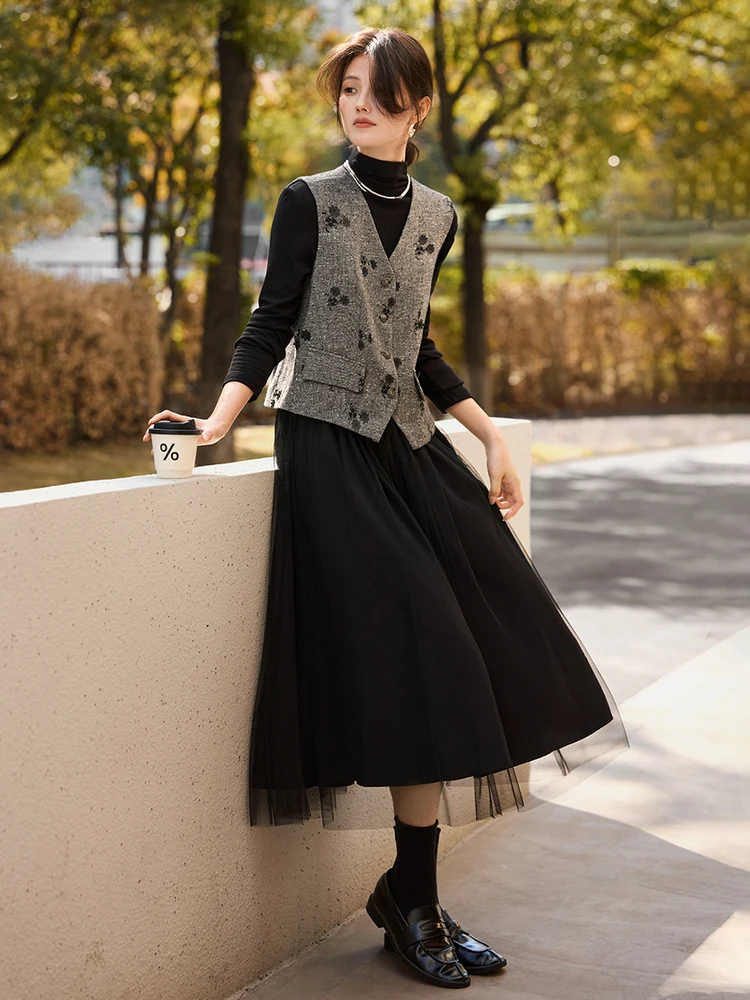 Ele Small Fraance Sle Set Women's Winter New Retro Embroidered Vest Me Dr Two-Piece Set Luxury Faion Ensemble