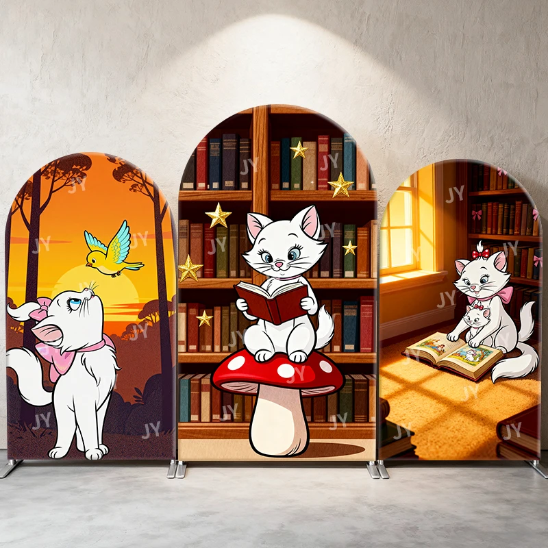

Marie Cat Arch Backdrop Cover Mushroom Book Bird Scene Cartoon Theme Kids Birthday Baby Shower Photo Booth Decor Background