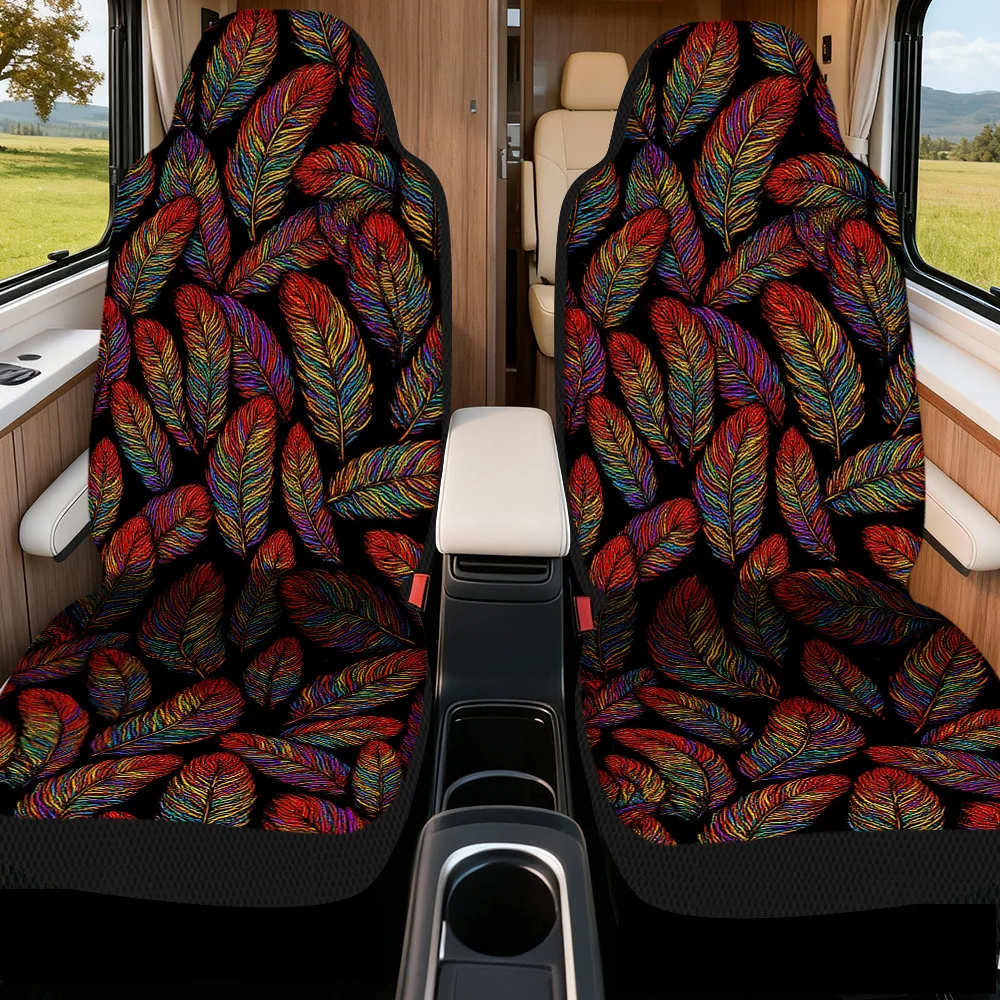 Ensemble de 2 housses de voiture au design élégant et vibrant en forme de plumes de paon, conçues pour les sièges avant du conducteur et du passager, revitalisant l'aspect de la voiture.