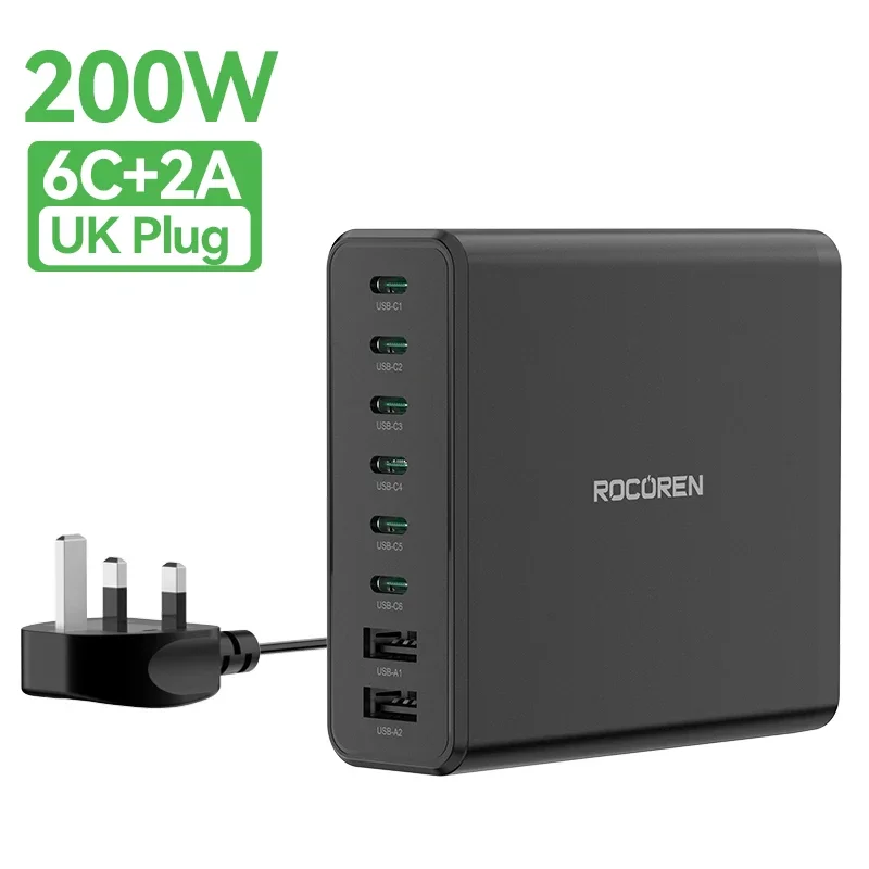 To Rocoren 200W 8 in 1 Multi Port USB Type C PD High Speed Charger Desktop Fast Charging Power Station For iPhone 15 Samsung