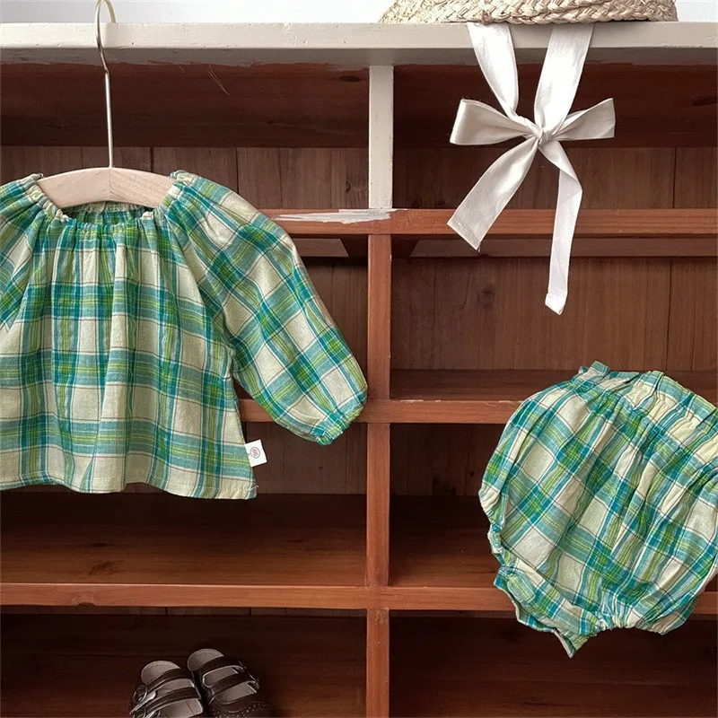 2024 New Spring Summer Baby Green Plaid Long Sleeve Tops And Shorts 2 Pieces Suit Girl Loose Clothing Set Kids Cotton Clothes