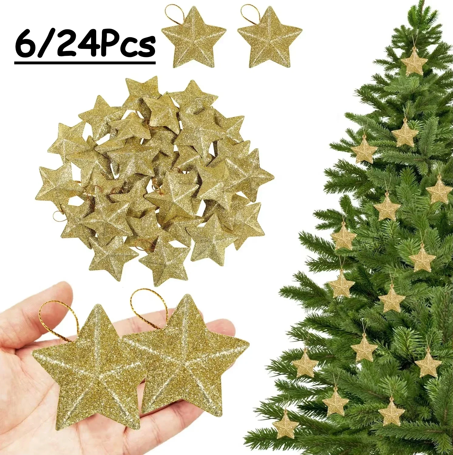 6/24 pçs ouro glitter estrela ornamentos árvore de natal pendurado pingente 2024 decorações de natal para casa navidad festa de ano novo