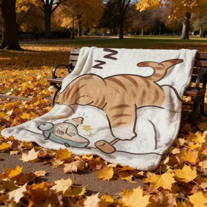 Cute Lazy Sleeping Orange Tabby Cat Throw Blanket, Funny Cartoon Cat Alarm Clock Print Soft Fleece Blanket for Cat Lovers Sofa Bed