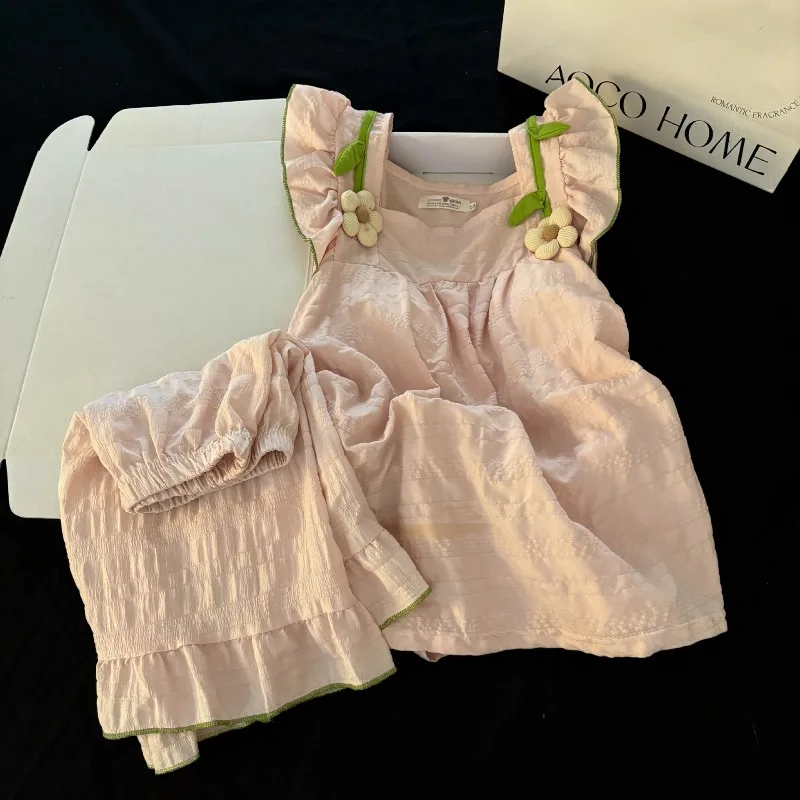 Summer Girls Casual 2/pce Set Loungewear Women Sleeveless Loose Flower Lace Pajama Lady Solid Color Bra Pad Nightgown Sleepwear
