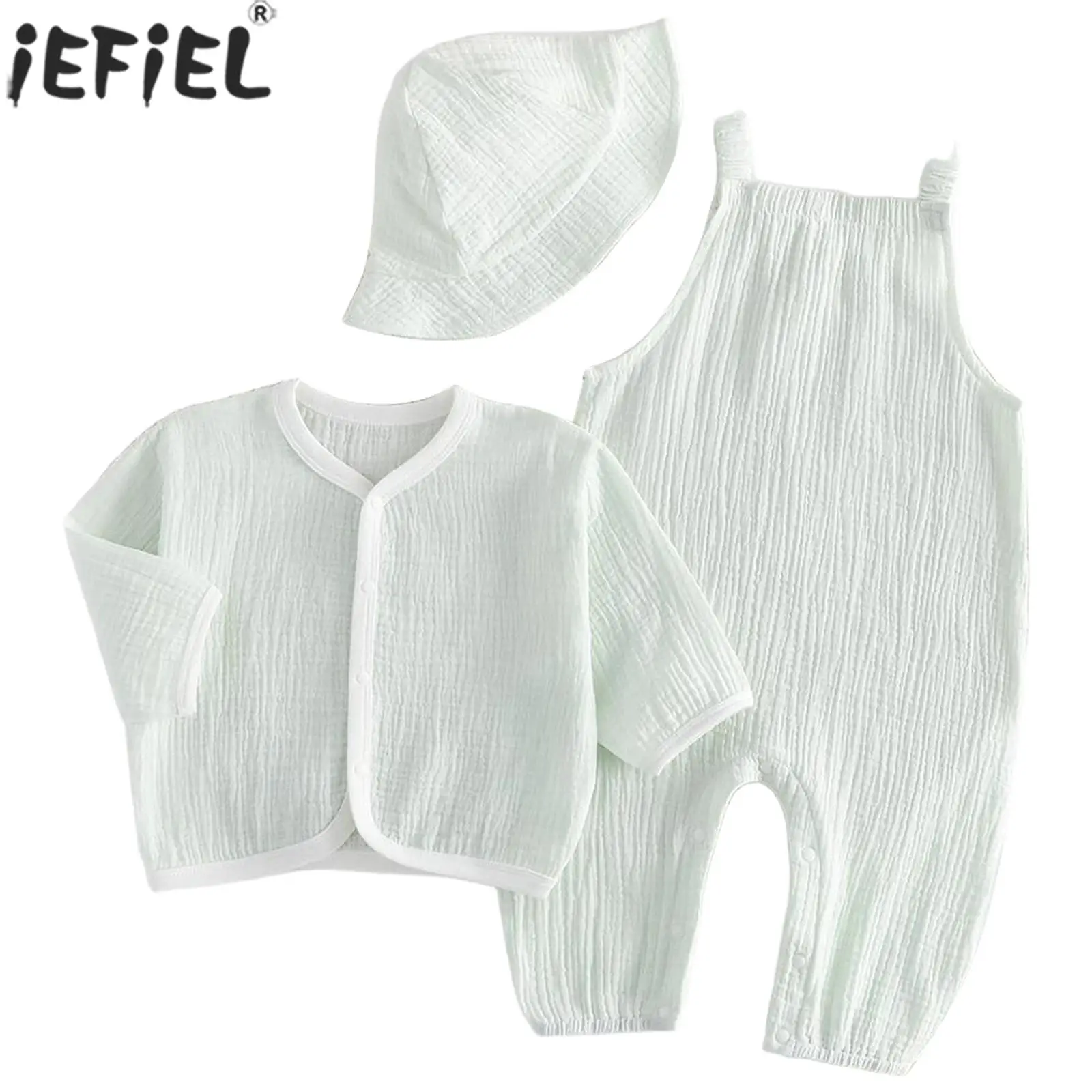 

Newborn Baby Boys Girls Spring Autumn Casual Cotton Outfit Long Sleeve Top with Elastic Straps Button Crotch Overalls Hat Set