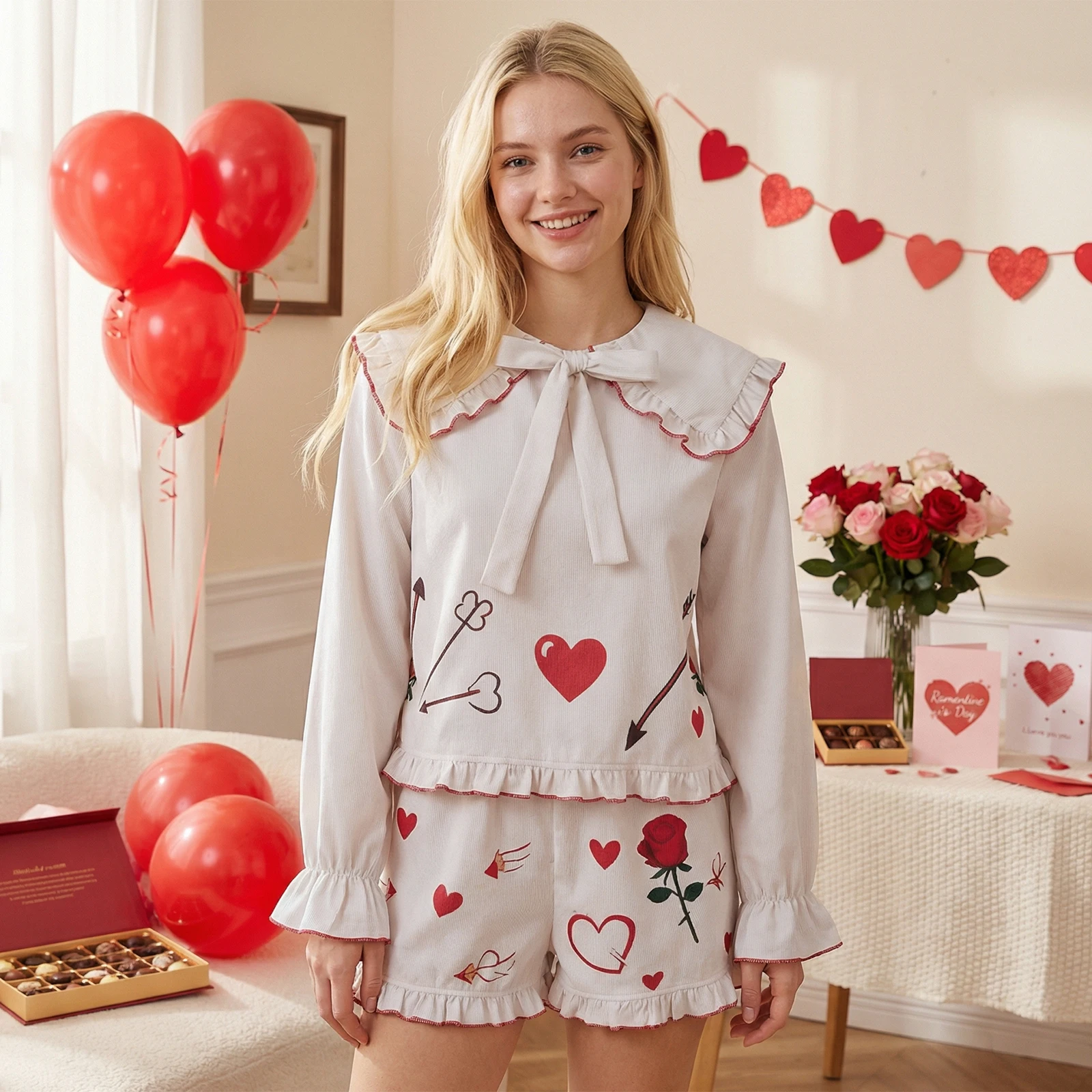 Women's Valentine's Day Pajamas Romantic Heart Flower Print Long Sleeve Doll Collar Tops and Shorts Lounge Wear