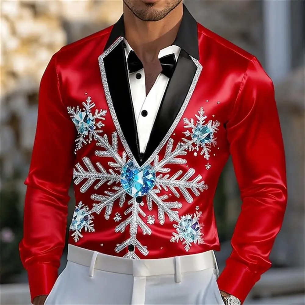 

New Christmas Snowflake Men's Formal Shirt, 3D Printed Tie Design, Elegant Evening Dress, Christmas Party Wedding Dress Collar S