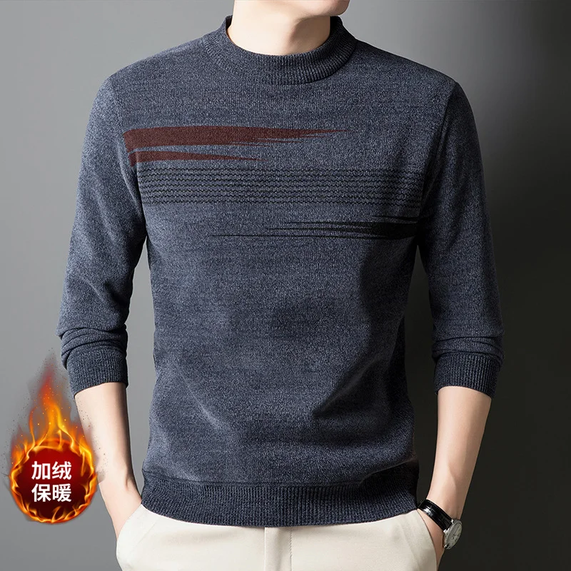 

Autumn and Winter Plus Fluff Sweater Men Half Turtleneck Sweater Top Middle-aged Casual Warm Thread