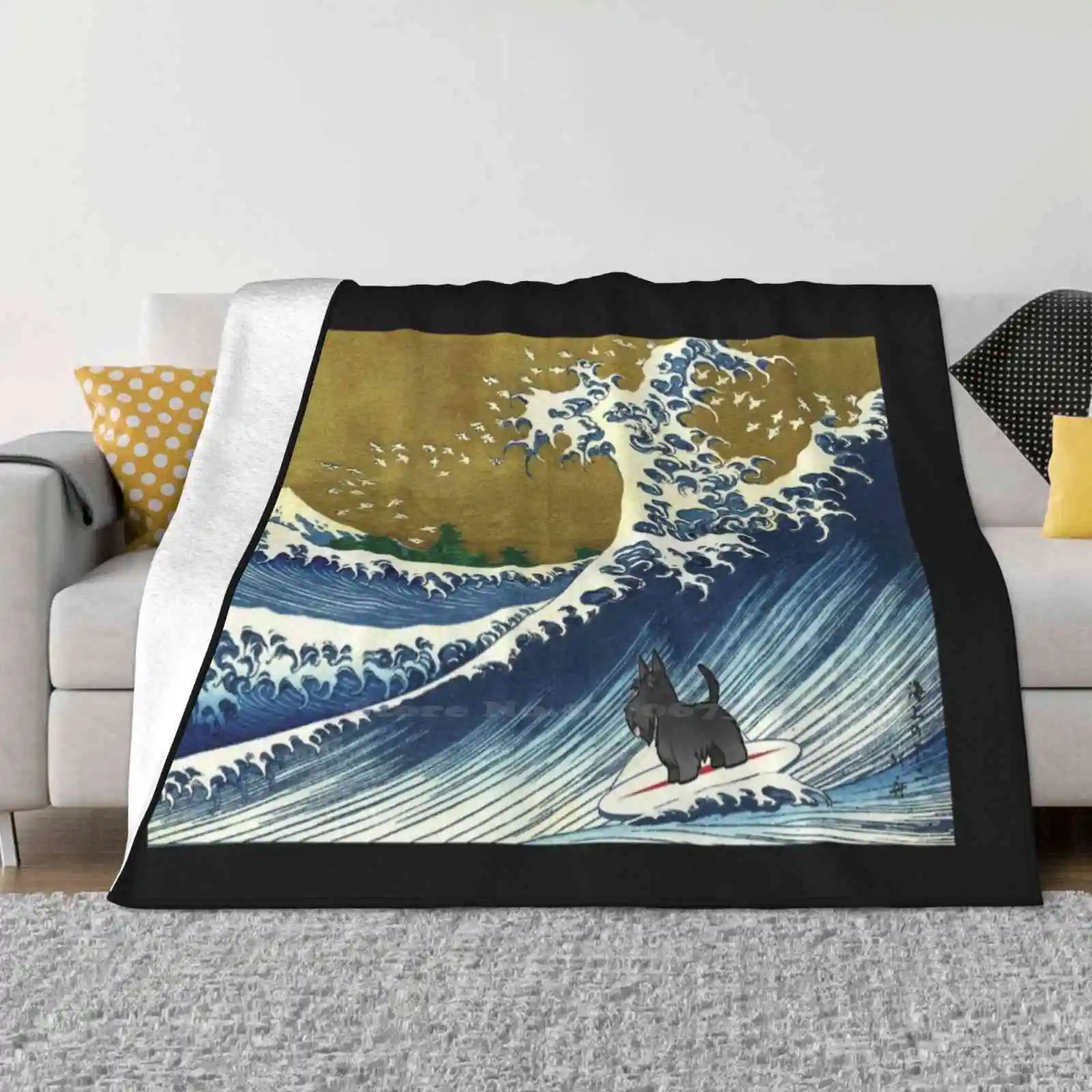 Scottie Dog / Scottish Terrier Surfing Creative Design Light Thin Soft Flannel Blanket The Great Wave Japanese Art The Wave