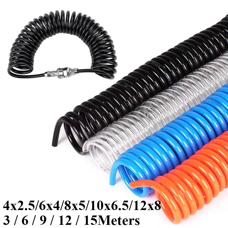 PU Air Compressor Hose 3M/6M/9M/12M/15M Polyurethane Pneumatic 6*4mm 8*5mm 10*6.5 12*8mm Telescopic Spring Spiral Pipe Tube Tool