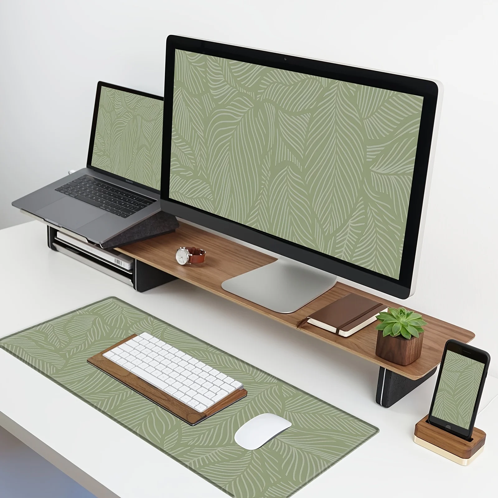 Boho chique folha verde tapete de mesa mousepad lavável antiderrapante natureza-inspirado escritório ou casa espaço de trabalho acessório de escritório em casa mousepad