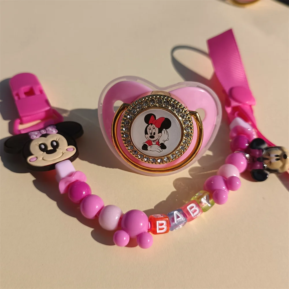 [1 Set] New Anime Minnie Mouse Image Baby Dummy with Chain Holder BPA Free Luxury Silicone Dummys Boy Girl Chupeta Baby Shower