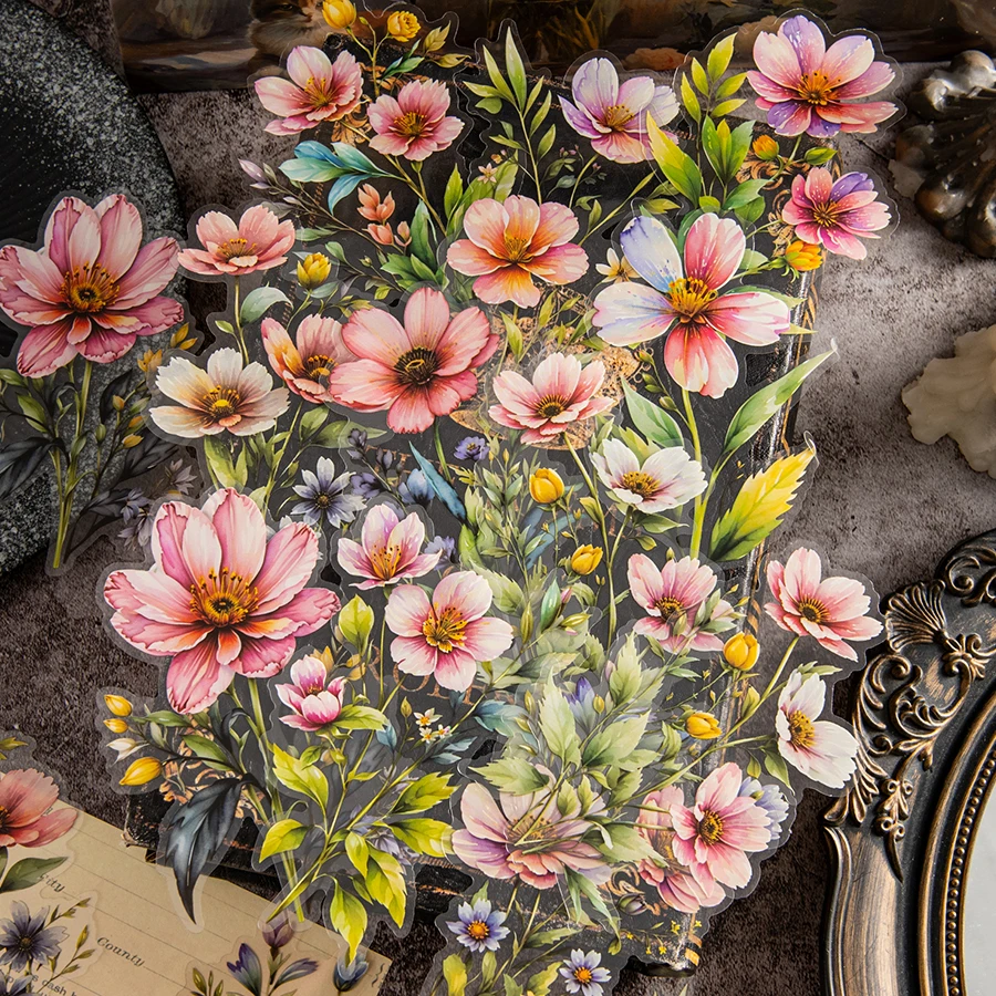 Adhesivo floral transparente de 2 piezas, hecho de material PET impermeable, adecuado para decorar papelería, diarios, álbumes de recortes, etc.