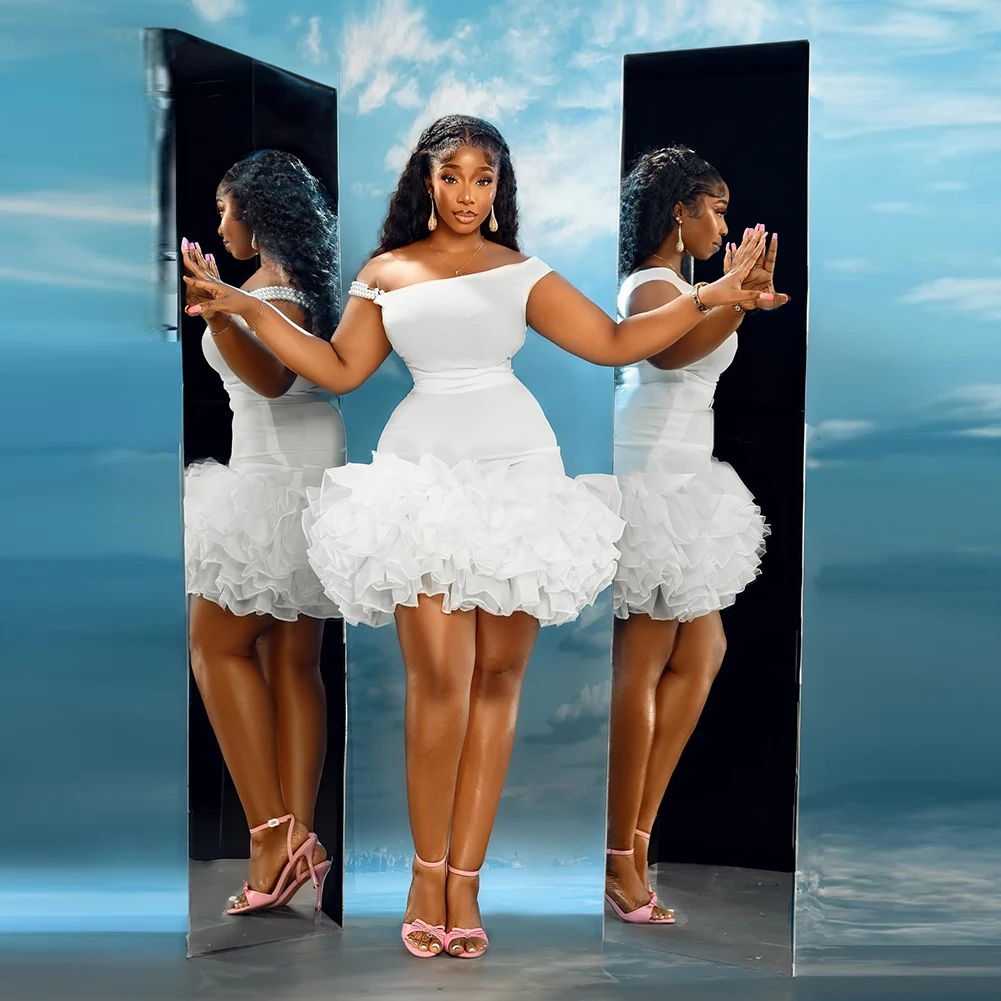 

White Off The Shoulder Prom Dresses Tiered Ruffles Women Short Evening Gowns Girls Formal Occasion Party Dress Cocktail Gowns