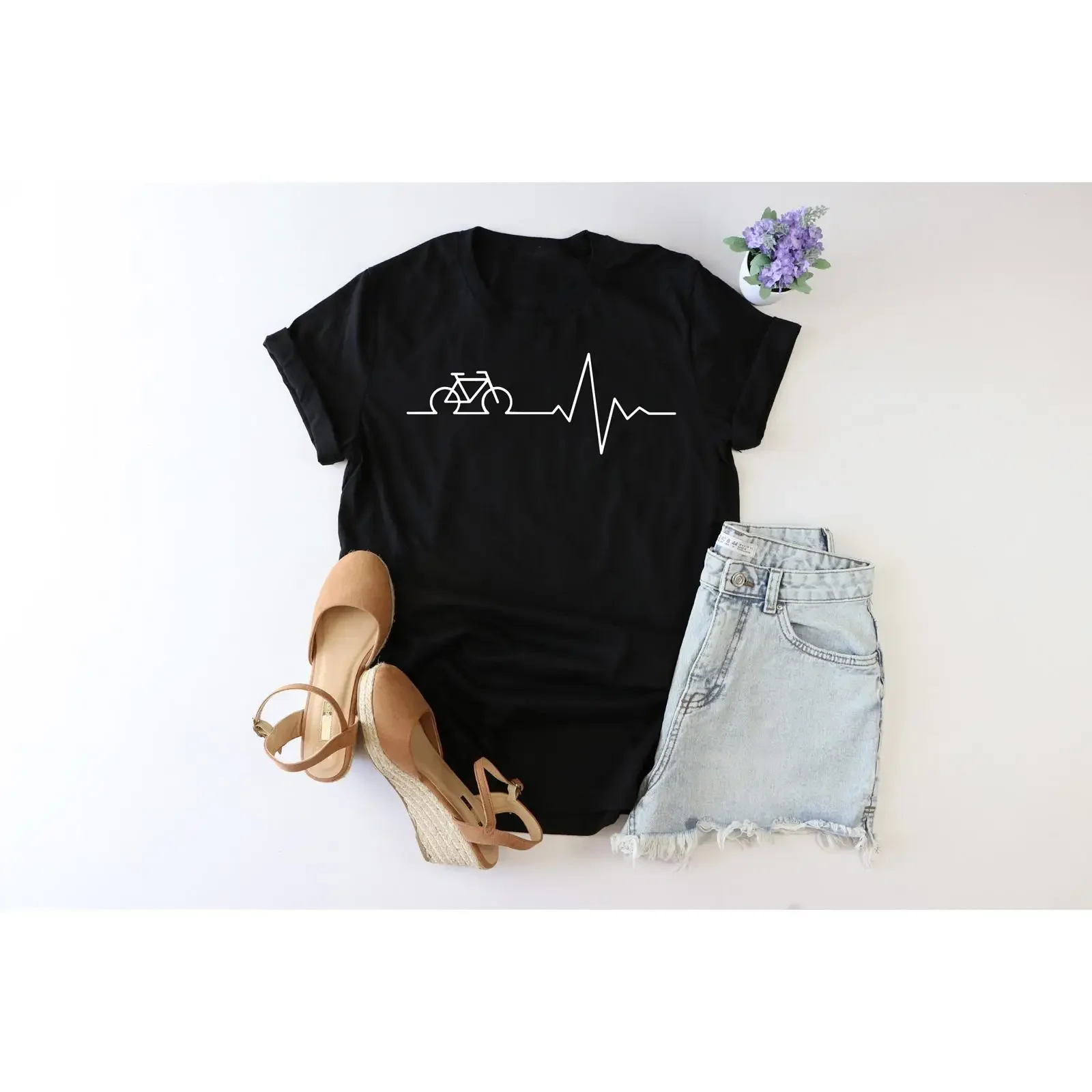 Cycling Heartbeat Pulse T Shirt Bicycle Lover Casual Cycle Rider Funny for Cyclist Marathon Biking Enthusiasts vintage Washed