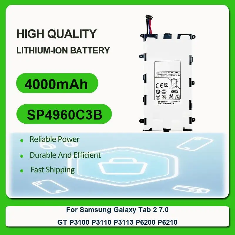 

Replacement Tablet Battery For Samsung Galaxy Tab 2 7.0 GT P3100 P3110 P3113 P6200 P6210 SP4960C3B 4000mAh