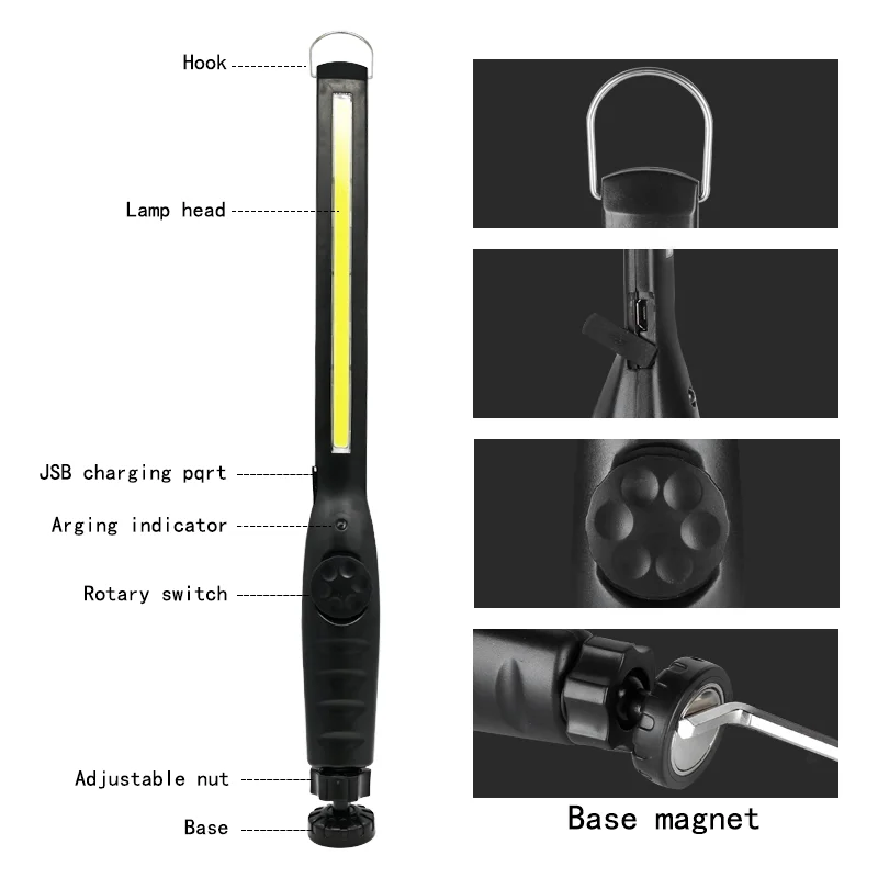 Luz de trabalho cob recarregável led lâmpada de trabalho com base magnética 360 luz de inspeção rotativa para reparo de carro, uso doméstico, oficina