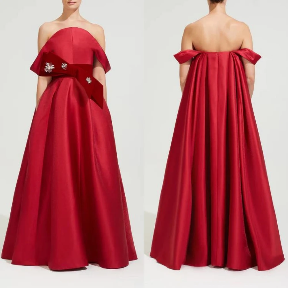 Satin Beading Draped Bow Clubbing A-line Off-the-shoulder Bespoke Occasion Gown Long Dresses