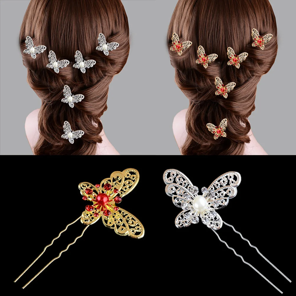 

12 Pcs Hair Fork Elegant Retro Hairpin Wedding Bride Banquet Decorative Hair Stick Butterfly Imitation