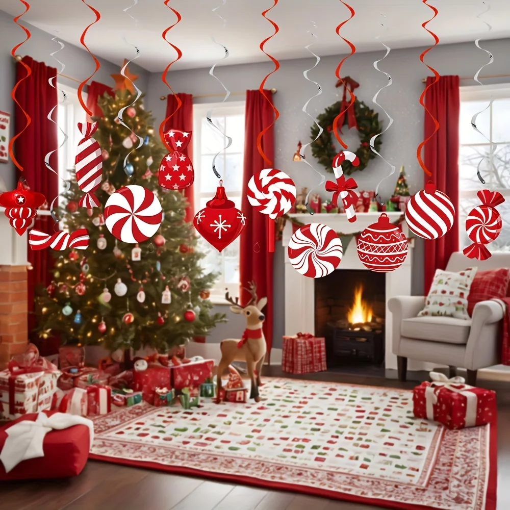26pcs Christmas Candy Cane Hanging Swirl Decorations - Ceiling Hanging Swirls Streamers Ornaments for Xmas Christmas Party Decor