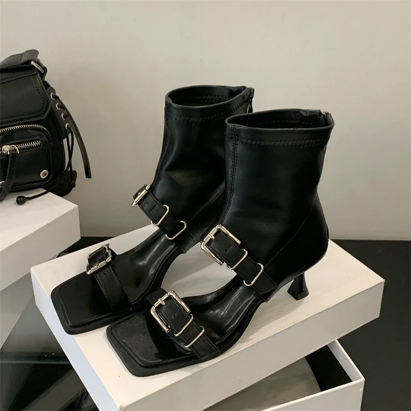 

Aneikeh, дизайнерский стиль, модные женские ботильоны с квадратным носком, сандалии с узким ремешком и пряжкой на молнии, обувь на тонком каблуке