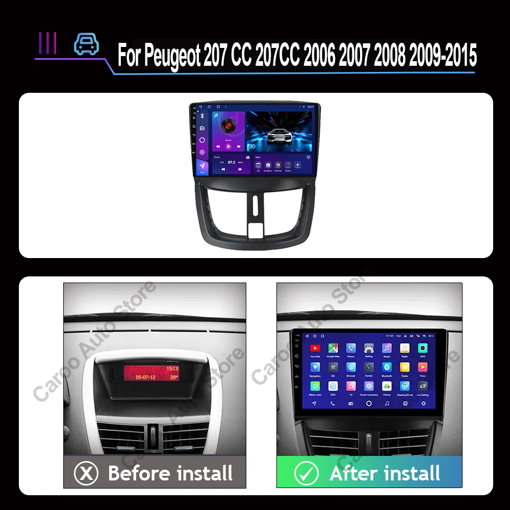 Radio Multimedia con Pantalla Táctil Android 16 para Peugeot 207 207CC 2006-2015, Reproductor de Video, Carplay, Bluetooth, 8 Núcleos, 4G, BT, Sin 2Din 2