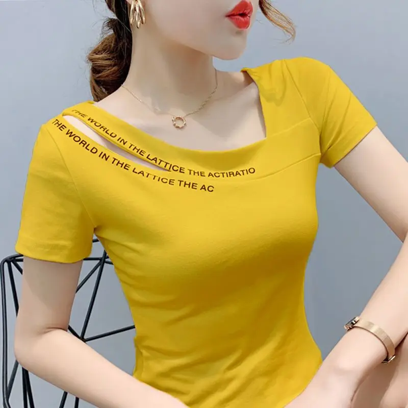 Short Sleeve Solid Hollow Out Slim Tops Tees Summer New Letter Printing Irregular Fashion T Shirts Casual Trend Women Clothing