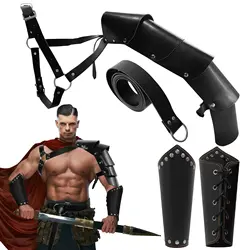 Medieval Black PU Leather Shoulder Set Retro Viking Warrior Style Belt Arm Guard Cosplay Props