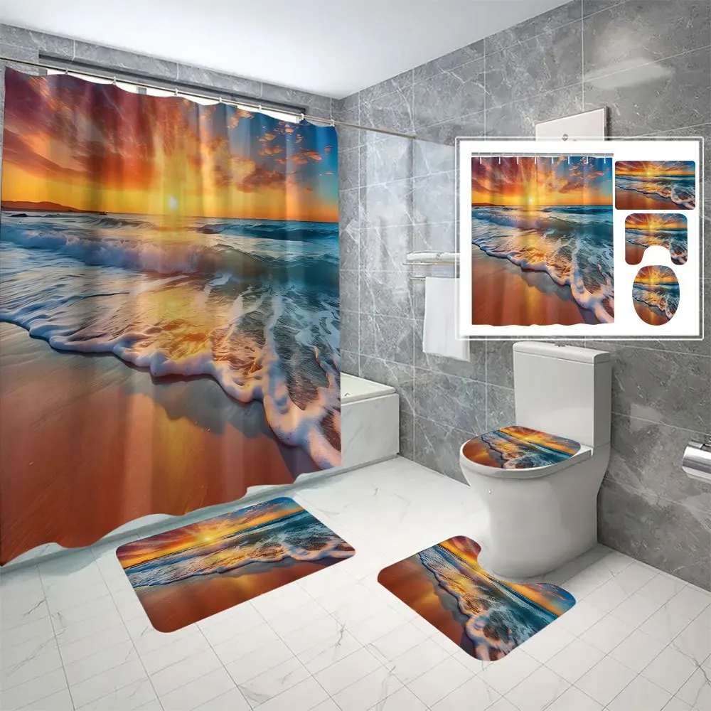 

Открытая 4-компонентная занавеска для душа Sunset Beach с цифровой печатью, полиэстеровая занавеска для душа, перегородка без перфорации, набор для ванной комнаты с противоскользящим ковриком