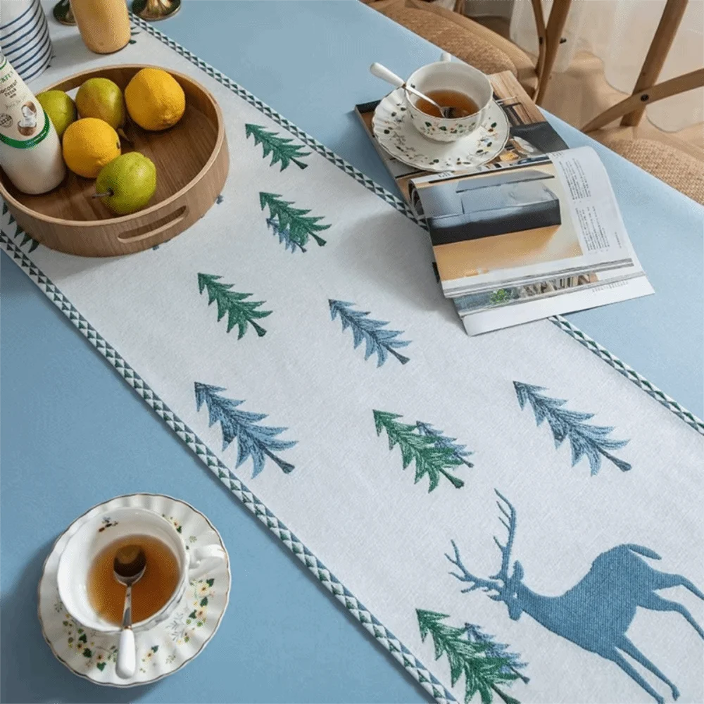 Embroidery Pattern Christmas Tree Elk Table Runner with Tassel Ball Soft Table Linen Thickened Stain-resistant Table Cover