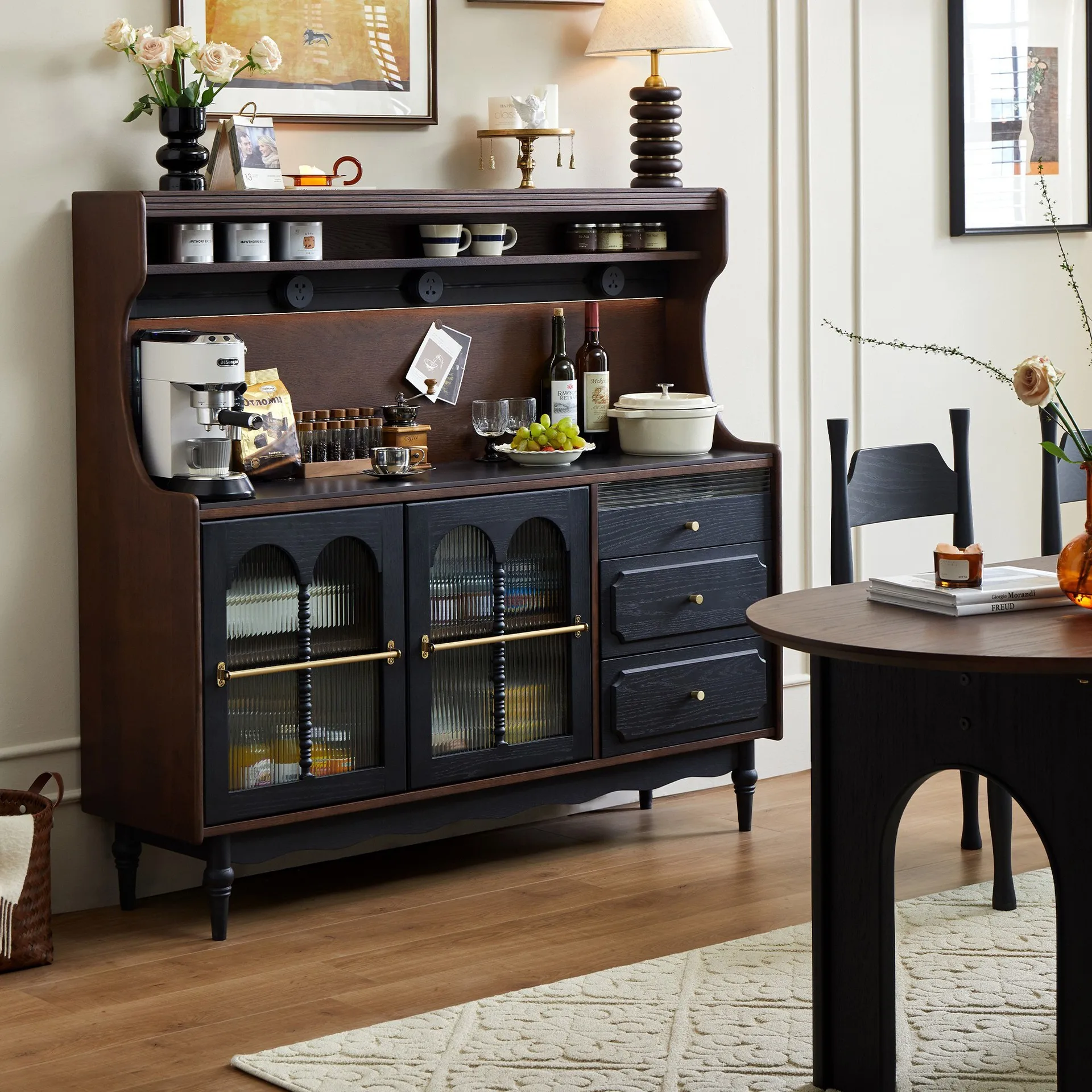 خزانة جانبية لتناول الطعام من الخشب الصلب بتصميم عتيق، خزانة حائط لغرفة المعيشة الأمريكية، خزانة متكاملة، خزانة تخزين فرنسية سوداء #2