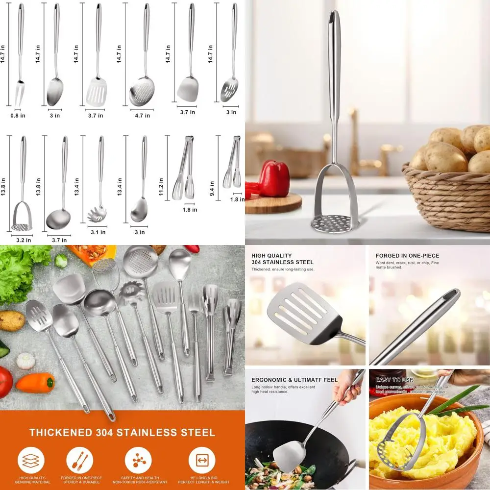 

Набор кухонной утвари из нержавеющей стали из 12 предметов: большие кухонные принадлежности, включая давилка, вилка, щипцы, сервер для макарон (можномыть в посудомоечной машине)