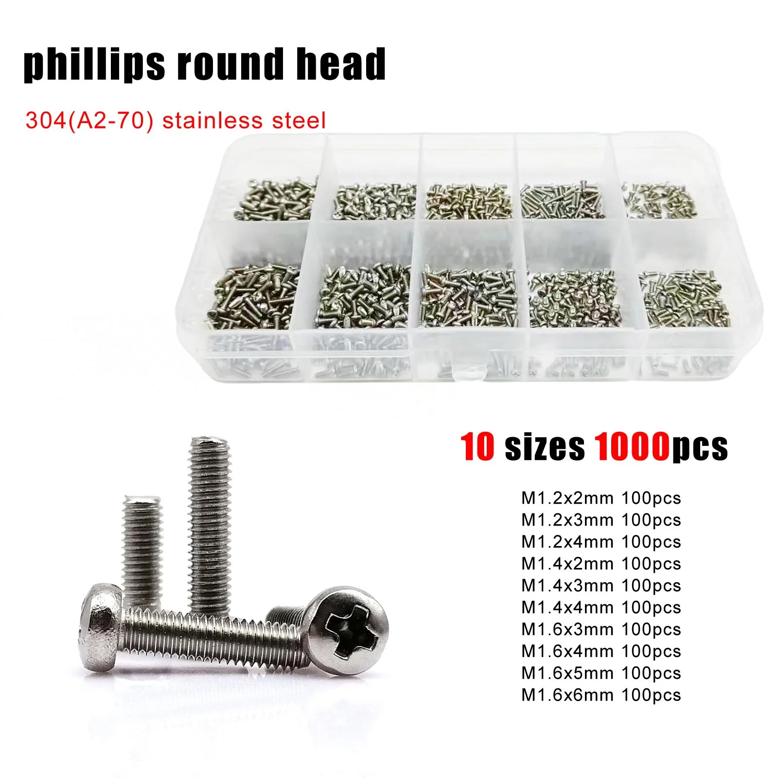 1000pc/box Micro Small M1.2 M1.4 M1.6 Screw Bolt Set Kit for Toy Car Electronic Products Glasses Phone 304 Stainless Steel Black