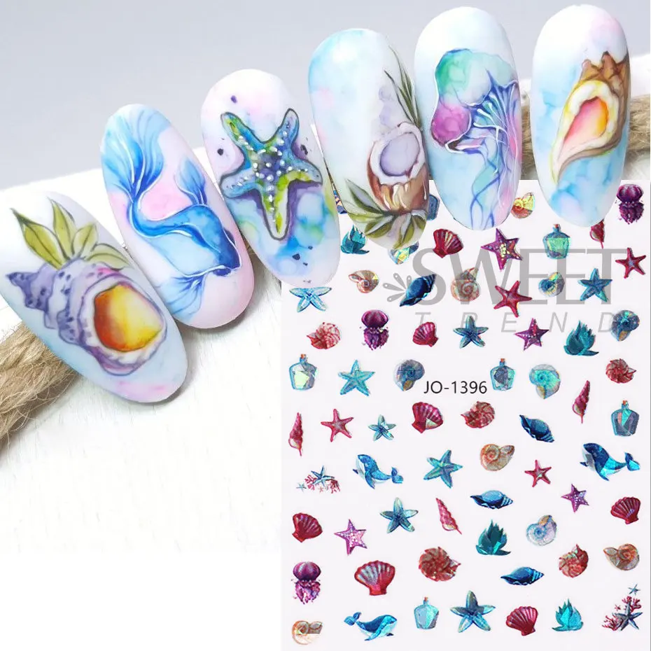 Sea Shell 3D Nail Sticker Ocean Beach Theme Summer Animal Starfish Star Fish Nail Slider Self-Adhesive Decal Nail Art Decoration