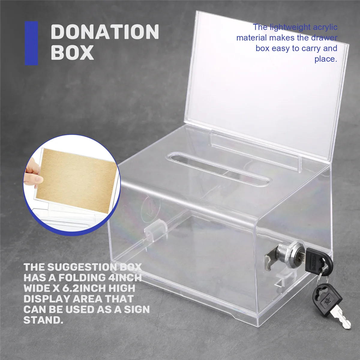 Caja de donación acrílica con cerradura, urna transparente con soporte para letreros, caja de sugerencias para recoger fondos, 1 paquete